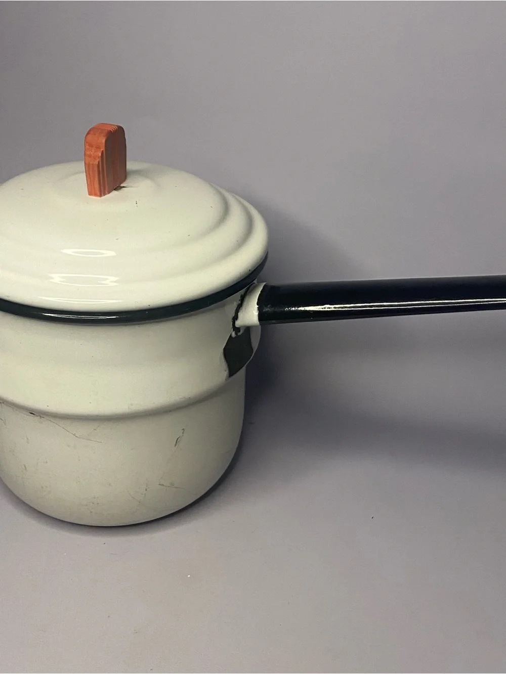 Vintage White Enamel Saucepan with Black Handle and Orange Knob